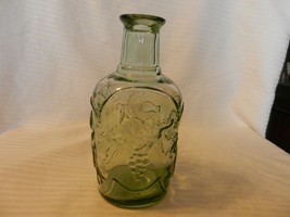 Vintage Green Glass Bottle With Embossed Fruits 7.75&quot; Tall - £39.33 GBP
