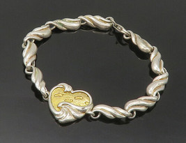 GORHAM 925 Silver - Vintage 2 Tone Heart Footprint Quote Chain Bracelet - BT6941 - $92.05