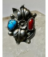 Squash Blossom ring Turquoise coral size 9.75 Navajo sterling silver women - $1,847.21 MXN