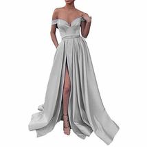 Kivary Off The Shoulder High Slit Long Evening Gown Prom Dress with Pocket Silve - £76.75 GBP