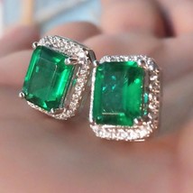 2.50Ct Emerald Cut Simulated Green Emerald Halo Stud Earrings Sterling Silver - £58.75 GBP