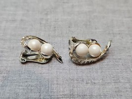 Vintage Double Pearl Replica/Diamond Replica Clip On Earrings, Silver Tone - £7.45 GBP