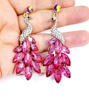 Rhinestone Chandelier Earrings, Pink Peacock Earrings, Stage or Pageant Jewelry, - £28.69 GBP