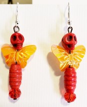 red sugar skull butterfly fairy bead drop earrings handmade jewelry - £5.62 GBP