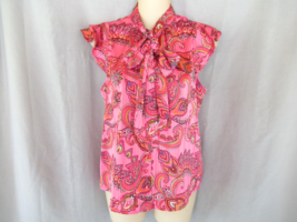 Joie top blouse XS tie neck button up  ruffled cap sleeves pink red pais... - £25.56 GBP