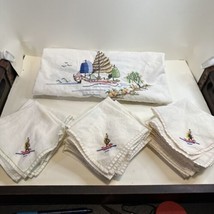 Vintage MCM Oriental Embroidered Tablecloth And 19 Napkins 39x37 Nautical Themed - $35.00