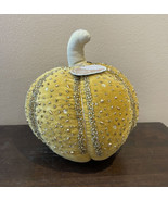 New Beaded Velour decorative Pumpkin Mustard Gold Thanksgiving - $32.97