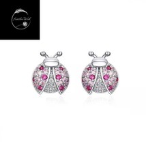 Genuine Sterling Silver 925 Cute Pink Ladybird Bug Insect Earrings With Pink CZ - £15.89 GBP