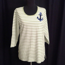 Quacker Factory M 3/4 sleeve tee shirt Anchor new Green Stripes Sequins - $27.00