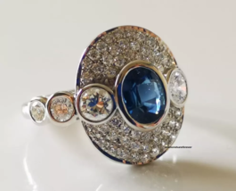 Ceylon Blue Bezel Set 1.05CT Sapphire With Pave Set CZ Retro Antique Fine Ring - £531.52 GBP