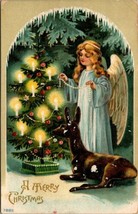 Vintage 1910 Christmas Postcard Cherub Angel And Deer Christmas Tree Postmarked - £14.47 GBP