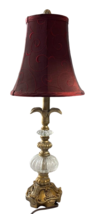 Art Deco Crystal and Metal Ornate Desk Lamp w/Red Brocade Shade 22.5 Tall VTG - £69.68 GBP