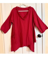 Cottonways Frayed V Neck Trim Asymmetric Hem Cotton Tunic Size 3 Red - $728.58 MXN