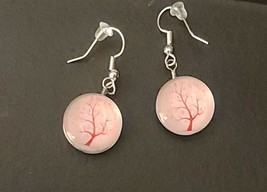 Acrylic Ball w/Pink Tree Earrings ~ Silver Alloy ~ 1.5&quot; Drop Dangle Earring - £11.70 GBP