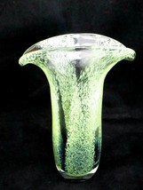 Vintage Teleflora Lime Green Blue Art Glass Vase Speckled Flared Lip Han... - $24.75
