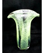 Vintage Teleflora Lime Green Blue Art Glass Vase Speckled Flared Lip Han... - £19.46 GBP