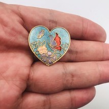 Butterfly w/ Flowers Heart Shaped Gold Tone Pin Brooch 1” x 1&quot;  - $12.19