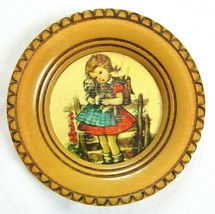 Vintage Hummel 6.5&quot; Round Wood Wall Plaque School Girl w/ Puppy - £10.35 GBP