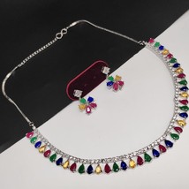 Indian Style Silver Plated Bollywood Style Delicate Necklace CZ Jewelry Set - £15.17 GBP