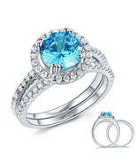 2Ct Blue Created Diamond Wedding Engagement Halo Ring Set 14k White Gold... - £87.17 GBP
