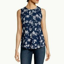 Liz Claiborne Women&#39;s Crew Neck Henley Tank Top MEDIUM Navy Floral With Pocket - £13.30 GBP