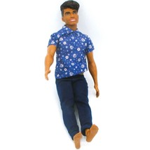 Mattel Ken Doll 2016 Molded Brown Hair Blue Floral Shirt Jeans       A10 - $14.85