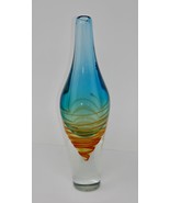 Heavy Art Glass Swirl Art Deco Blue Center 14&quot; Vase - $74.24