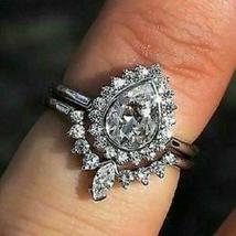 Lab-Created 2CT Pear Shape Diamond Halo Engagement Wedding Ring Set 925 Silver - £74.51 GBP