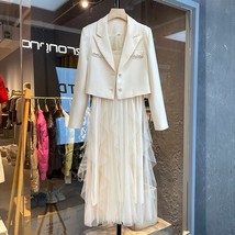 KUSAHIKI Korean 2Piece Outfits Women  Short Blazer Coat +  Spaghetti Strap  Dres - £116.80 GBP