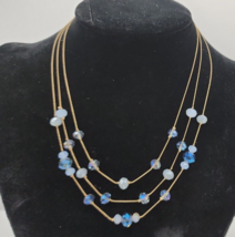 Gold Tone &amp; Blue Glass Beaded 3 Strand Fashion Necklace - 18&quot; - £11.56 GBP