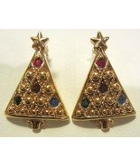 Christmas Tree Pierced Earrings Drop Gold Tone with Colorful Rhinestones - $17.80 CAD