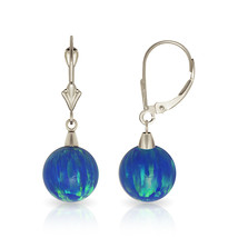 6mm-10mm Deep Blue Fire Opal Ball Leverback Dangle Earrings White 14K Gold - £71.21 GBP