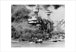 USS West Virginia alight in Pearl Harbor - Art Print - £17.24 GBP+