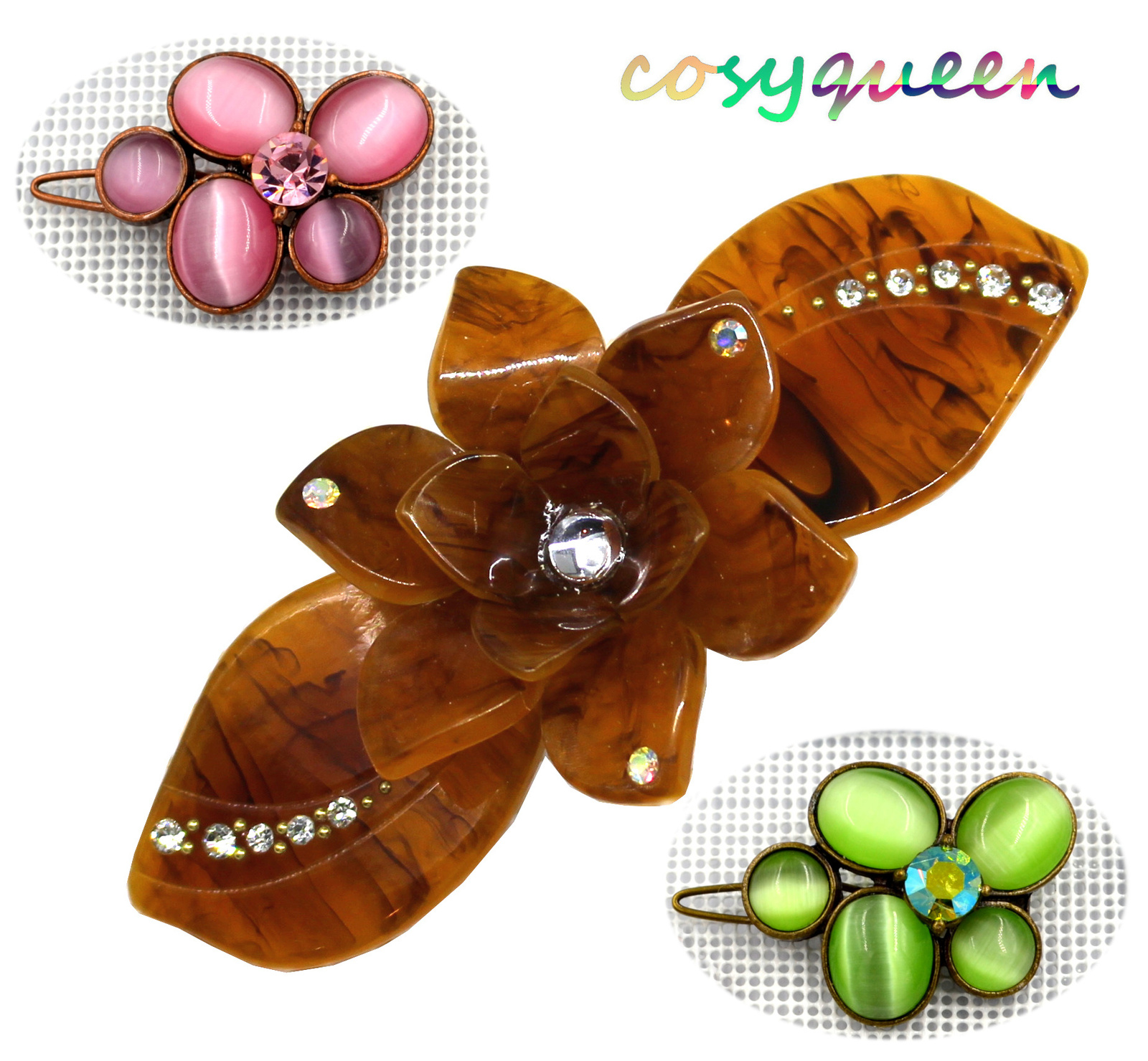 3 PK Pink Peridot Green Crystal Butterfly Floral Brown Acrylic Hair Barrette  - $9,999.00