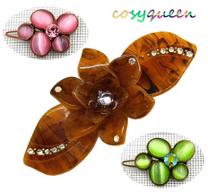 3 PK Pink Peridot Green Crystal Butterfly Floral Brown Acrylic Hair Barrette  - £7,974.38 GBP