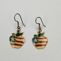 Vintage Enamel American Flag Apple Teacher Earrings Pair Brass - £5.95 GBP