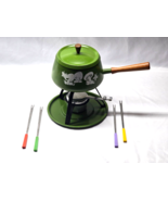 Vintage MCM Mushroom Avocado Green Fondue Pot + Forks, Stand, Burner, Un... - $42.55