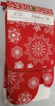 3 Pc Kitchen Set: 1 Pot Holder 1 Towel &amp; 1 Oven Mitt Snowflakes On Red Home - £19.16 GBP