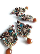 Brown Blue Earrings, Unique Earrings, Chic Earrings, Beadwork Earrings, ... - $412.16 MXN