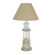White and Grey Metal Real Seashell Lighthouse Table Lamp with Burlap Shade - £73.32 GBP