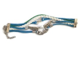 Owl Winged Silver Tone Wrap Charm Green Blue White Multi Strand Bracelet - £10.91 GBP