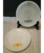 2 ANCHOR HOCKING FIRE KING SAUCERS DAISY &amp; BONNIE BLUE ORANGE FLOWER PAT... - $18.50