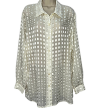 Vintage Notations Sheer Ivory White Metallic Gold Blouse Size 1X Square Plaid - £23.31 GBP