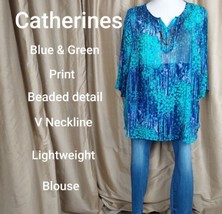 Catherines Blue,green Print Beaded V Neckline Lightweight Blouse Size 1X - £12.78 GBP