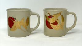 Vintage 1970s Asian Japan Mugs Set of 2 Rising Red Sun with Gold Cranes Birds #3 - £8.84 GBP