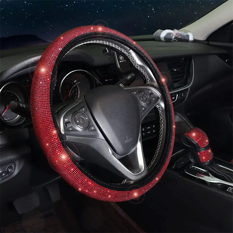 7PCS Glitter Crystal Diamond Car Interior Accessories Set - Red Steering Wheel - £23.08 GBP