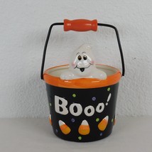 Halloween Ceramic Ghost Boo Bucket Planter Candy Dish Black Orange Candy... - $14.52