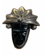 Mexico Sterling Silver Brooch Mayan Warrior Face Mask Headdress Black Onyx - $54.25 CAD