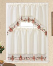 Belss And Candles Christmas Beige Color Embroidery Kitchen Curtain 3 Pcs Set - £17.13 GBP
