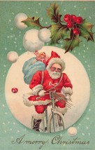 Red Suit Santa Riding BICYCLE-SACK Of Toys~A Merry CHRISTMAS~1900s Postcard - £10.19 GBP